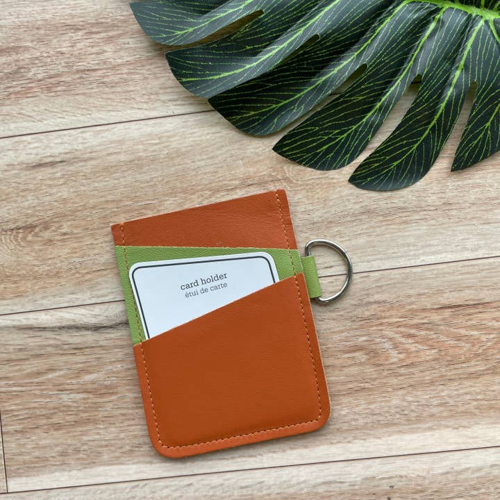 Porte-cartes angulaire en cuir avec 3 fentes vert et orange pour la vente par Mally Designs