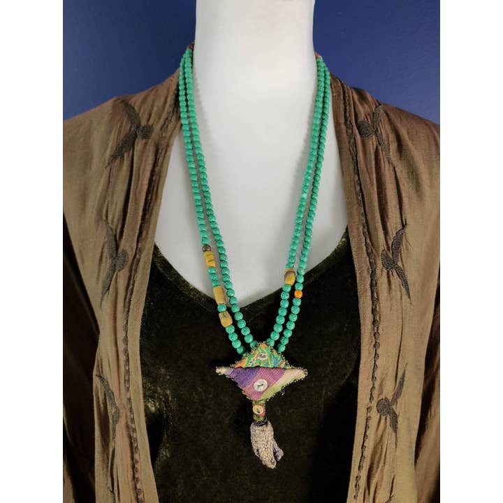 TABOO FASHION - Wholesale Pendant/charm necklace - Turquoise Larva Beads with fabric ornament1