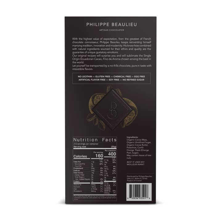 Philippe Beaulieu Artisan Chocolatier - Wholesale Chocolate Bar - Chocolate Bar -70% Dark Confit Oranges & Roasted Pistachios2