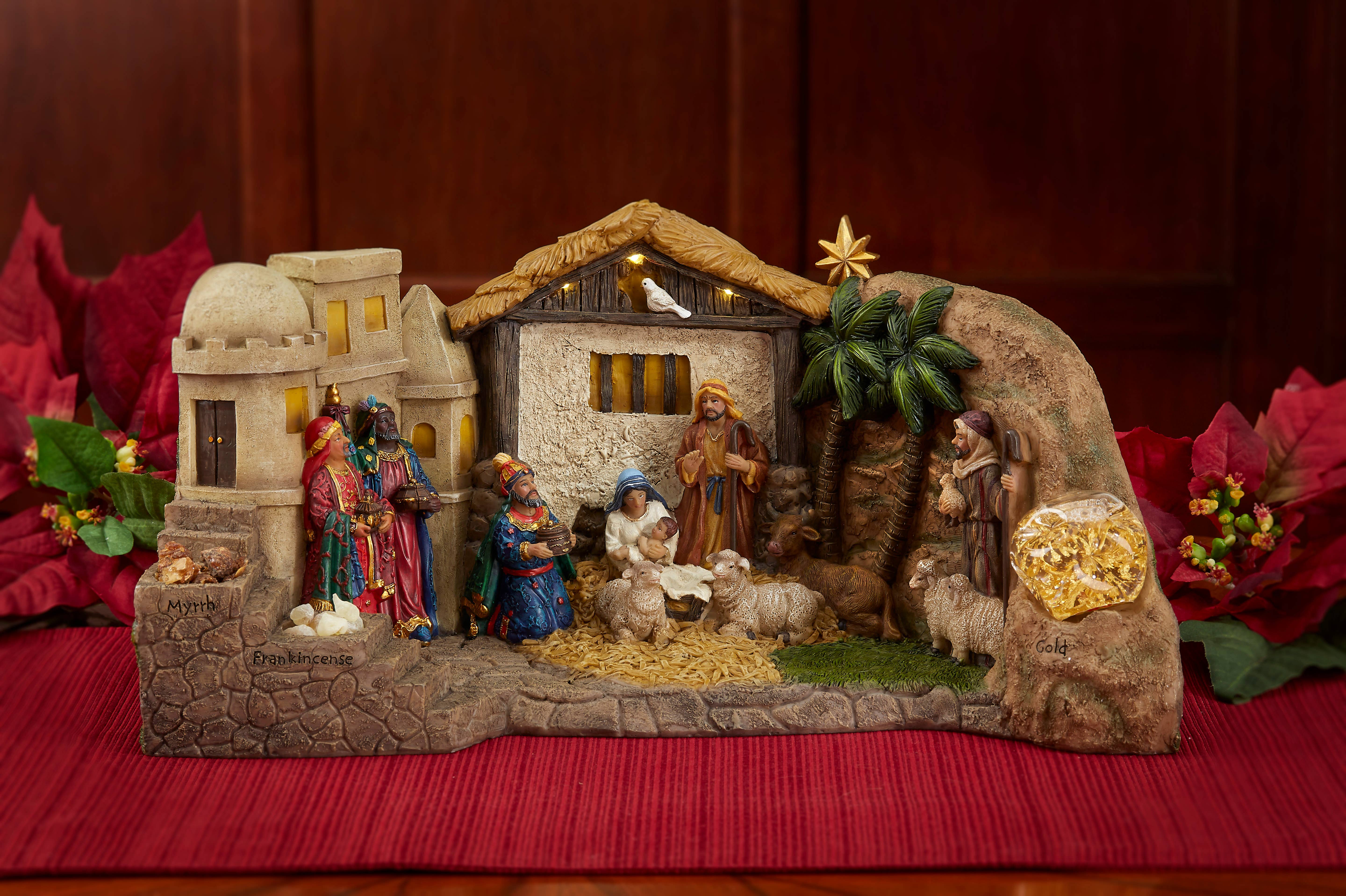 Three Kings Gifts – Engroshandel Julepynt – Deluxe Belyst Panorama Krybbespil med Guld/Røgelse/Myrrha4