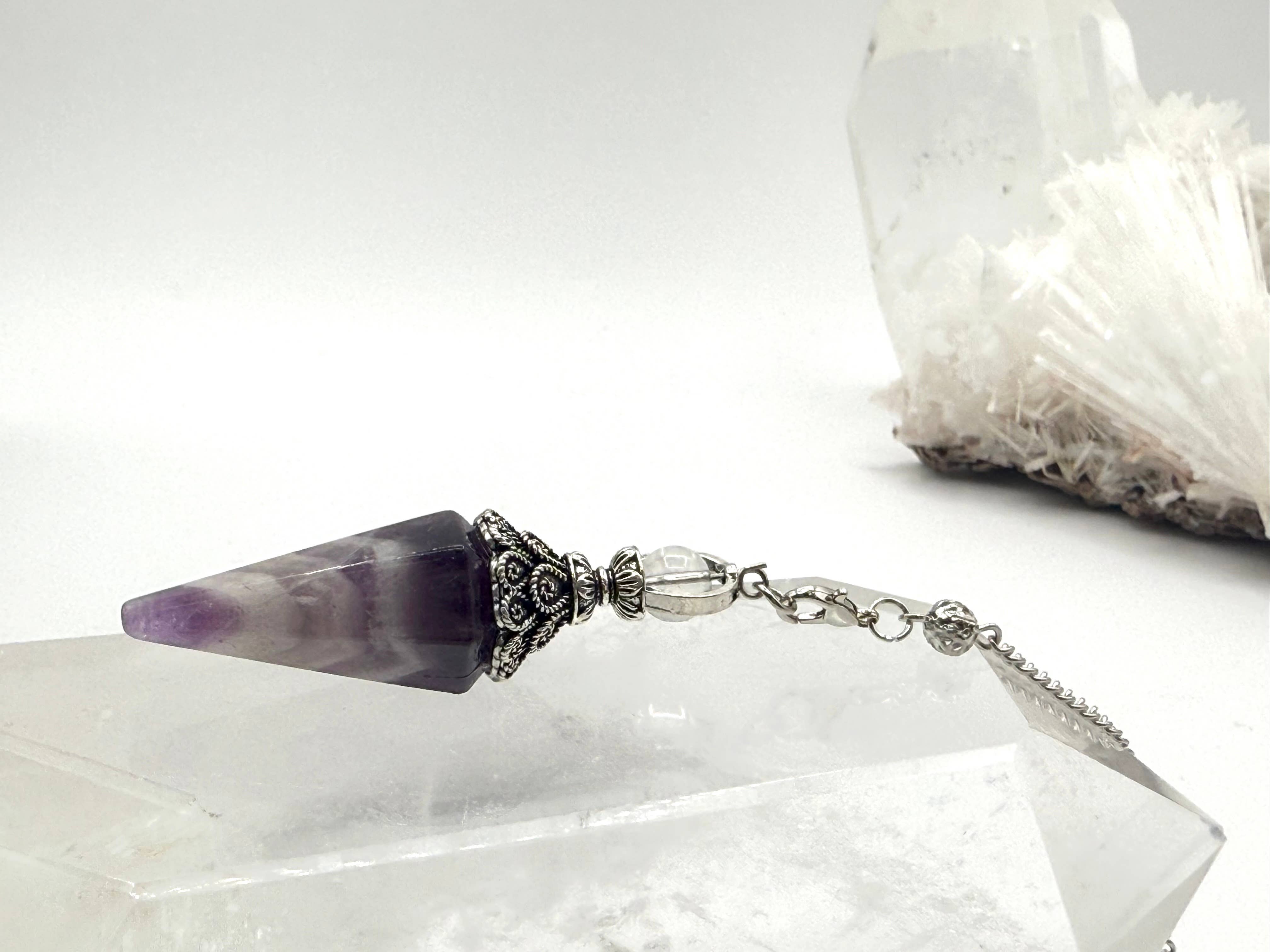 Meraki Gemstones - Wholesale Pendulum Board - Amethyst Double Cap Pendulum with Silver Plate Chain6