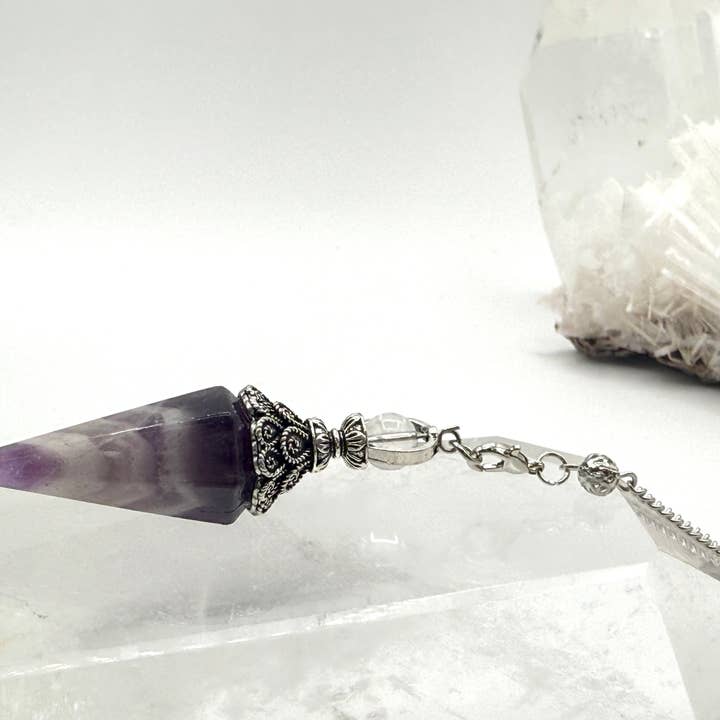 Meraki Gemstones - Wholesale Pendulum Board - Amethyst Double Cap Pendulum with Silver Plate Chain6