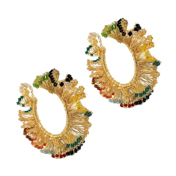 Multi & Gold Rio Maxi Hoops Handmade Crochet Earrings for wholesale by Lavish By Tricia Milaneze