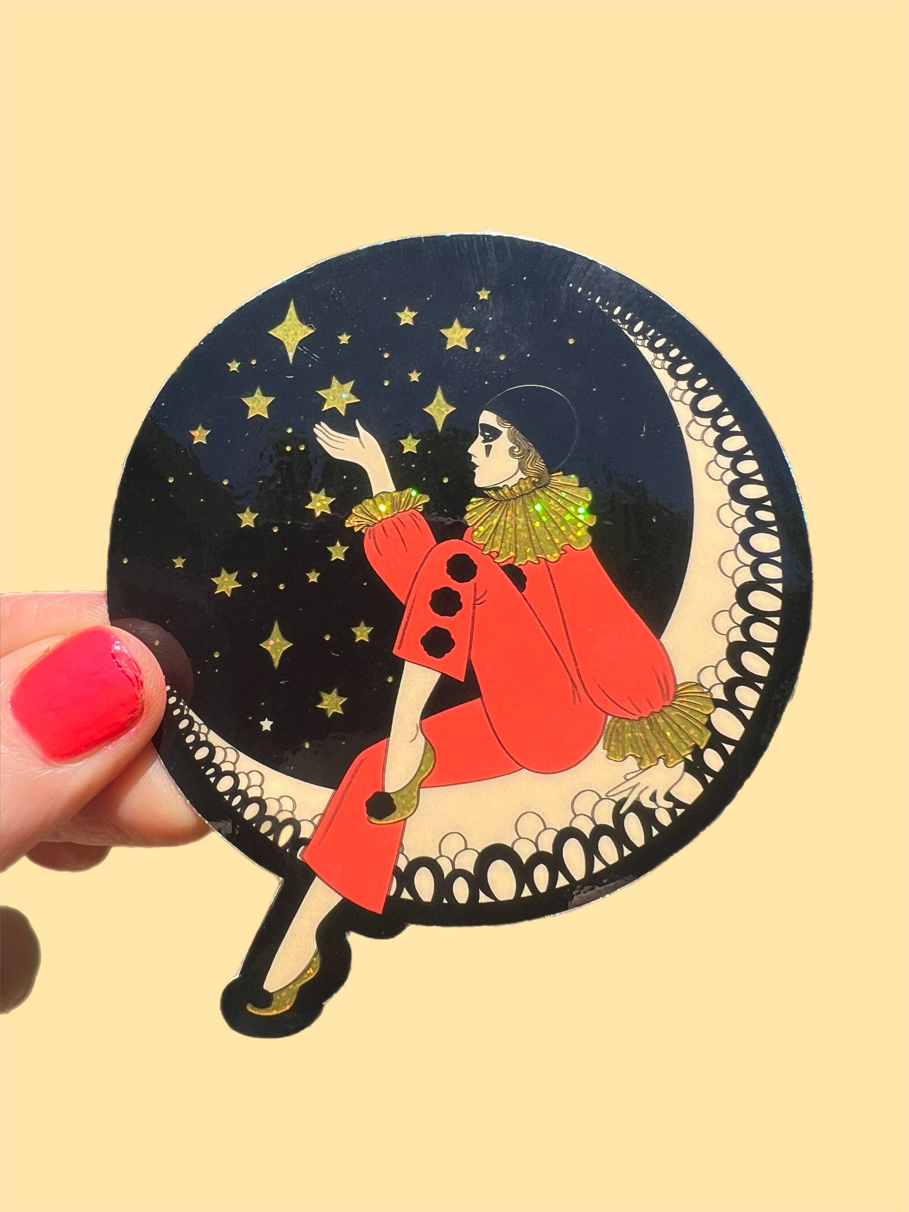 Astral Weekend - Venta al por mayor Pegatina - Pegatina de 3 pulgadas Pierrot Payaso en la Luna NEGRO Brillante1