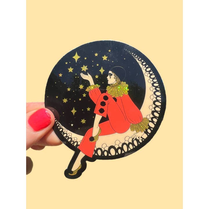 Astral Weekend - Venta al por mayor Pegatina - Pegatina de 3 pulgadas Pierrot Payaso en la Luna NEGRO Brillante1