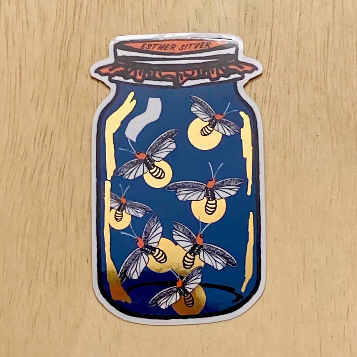 Firefly Jar Metallic Sticker 4"x2.5" for wholesale by Esther Sketch