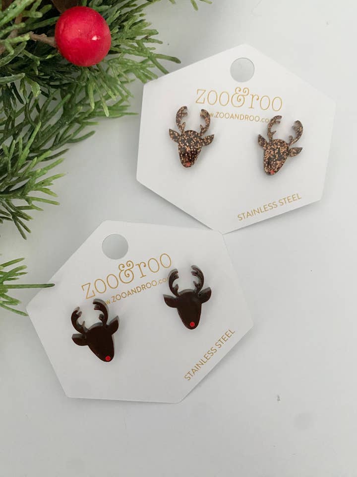 Boucles d'oreilles clous rennes | Bijoux acryliques de fête pour la vente par zoo&roo
