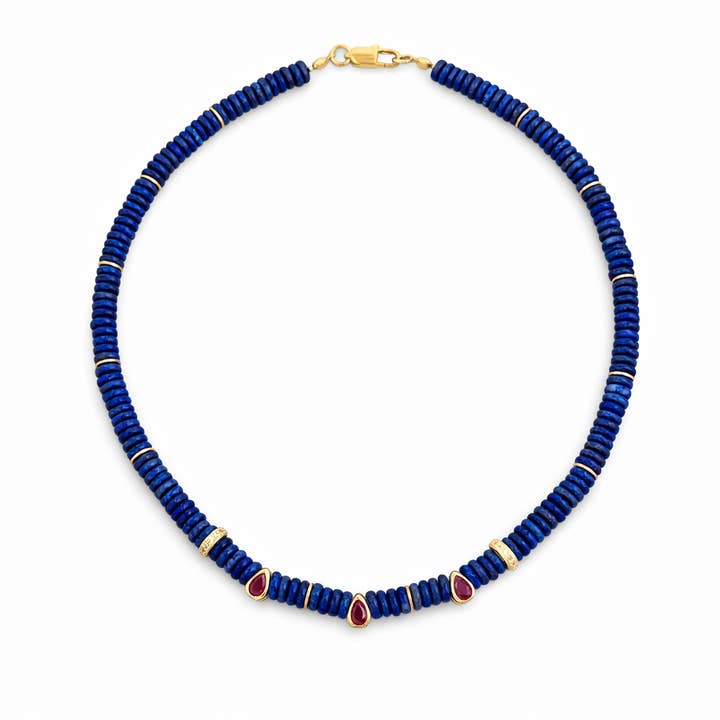 Lapis Lazuli Beaded Necklace with Ruby Color CZ Drops for wholesale by Georgina Nicol