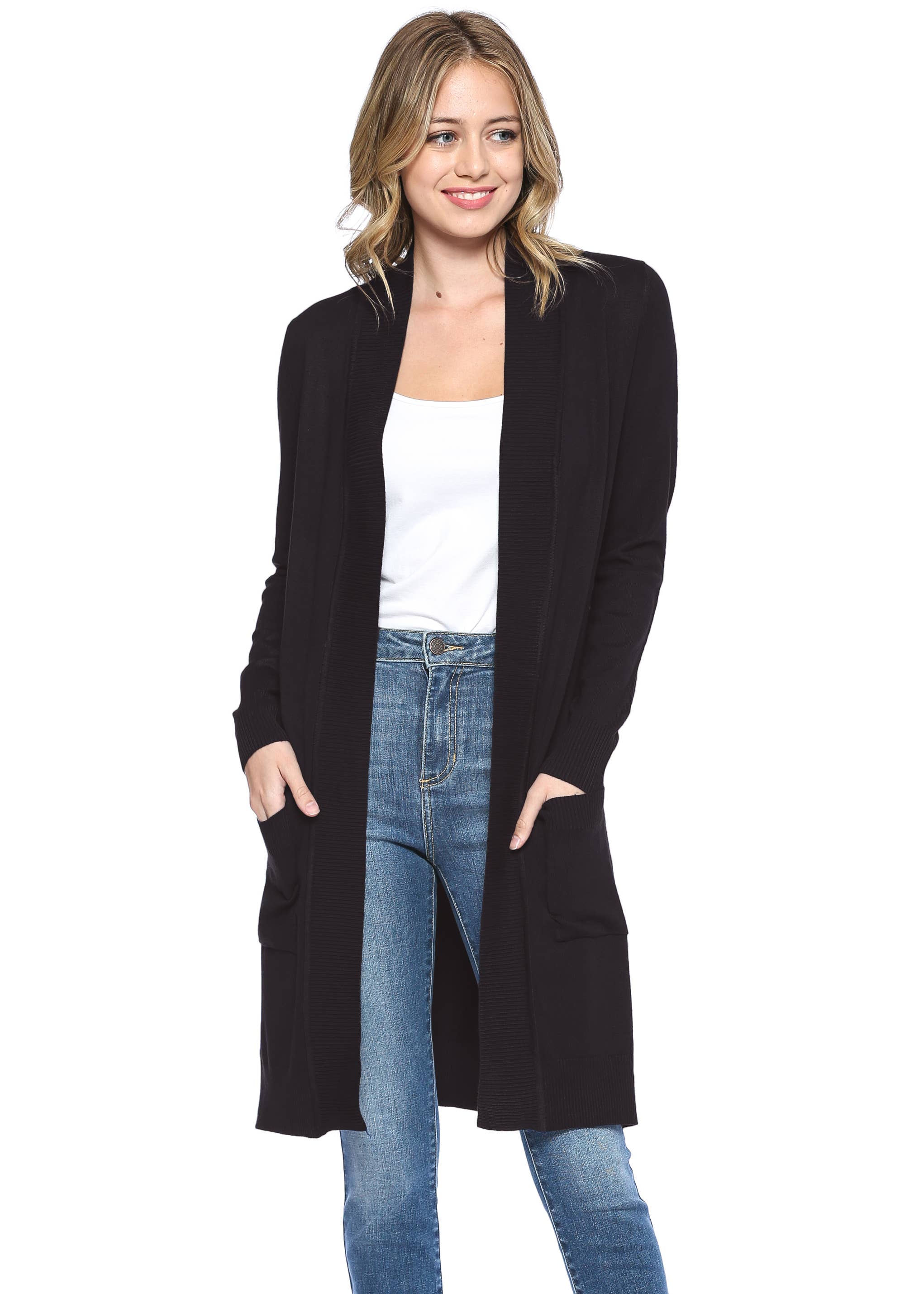 Newself Collection - Vente Cardigan – femme - Cardigan long en tricot ouvert classique à manches longues0