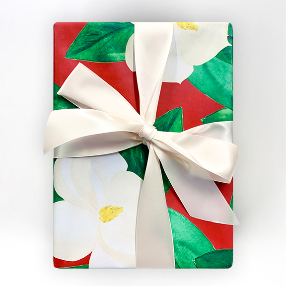 Lionheart Prints - Vente Rouleau de papier cadeau - Magnolias sur papier cadeau rouge1