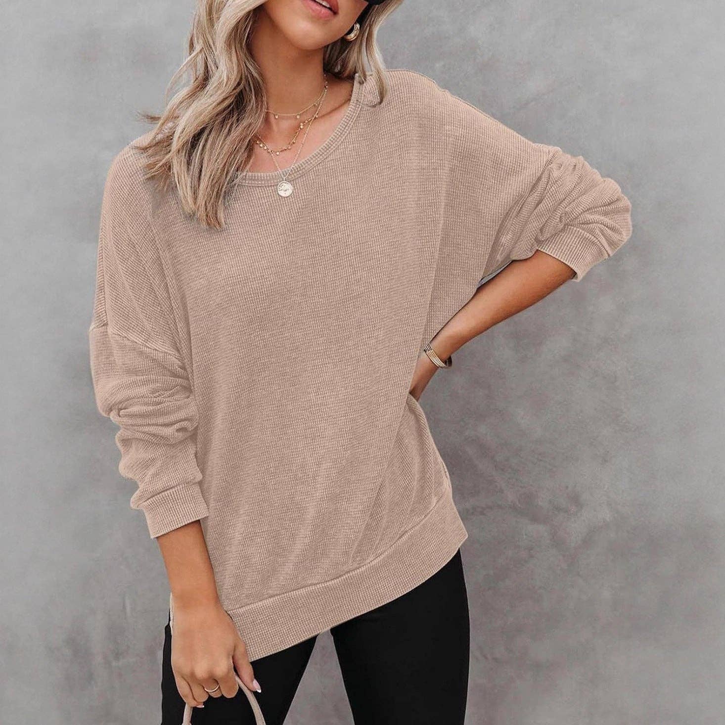 Masyal - Wholesale Sweatshirt - Women's - Autumn Round Neck Long Sleeve Waffle Sweatshirt T-Shirt2