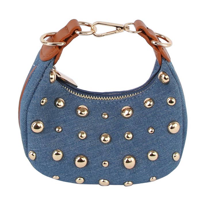 Petite gold stone studded denim crossbody for wholesale by Handbag Factory Corp