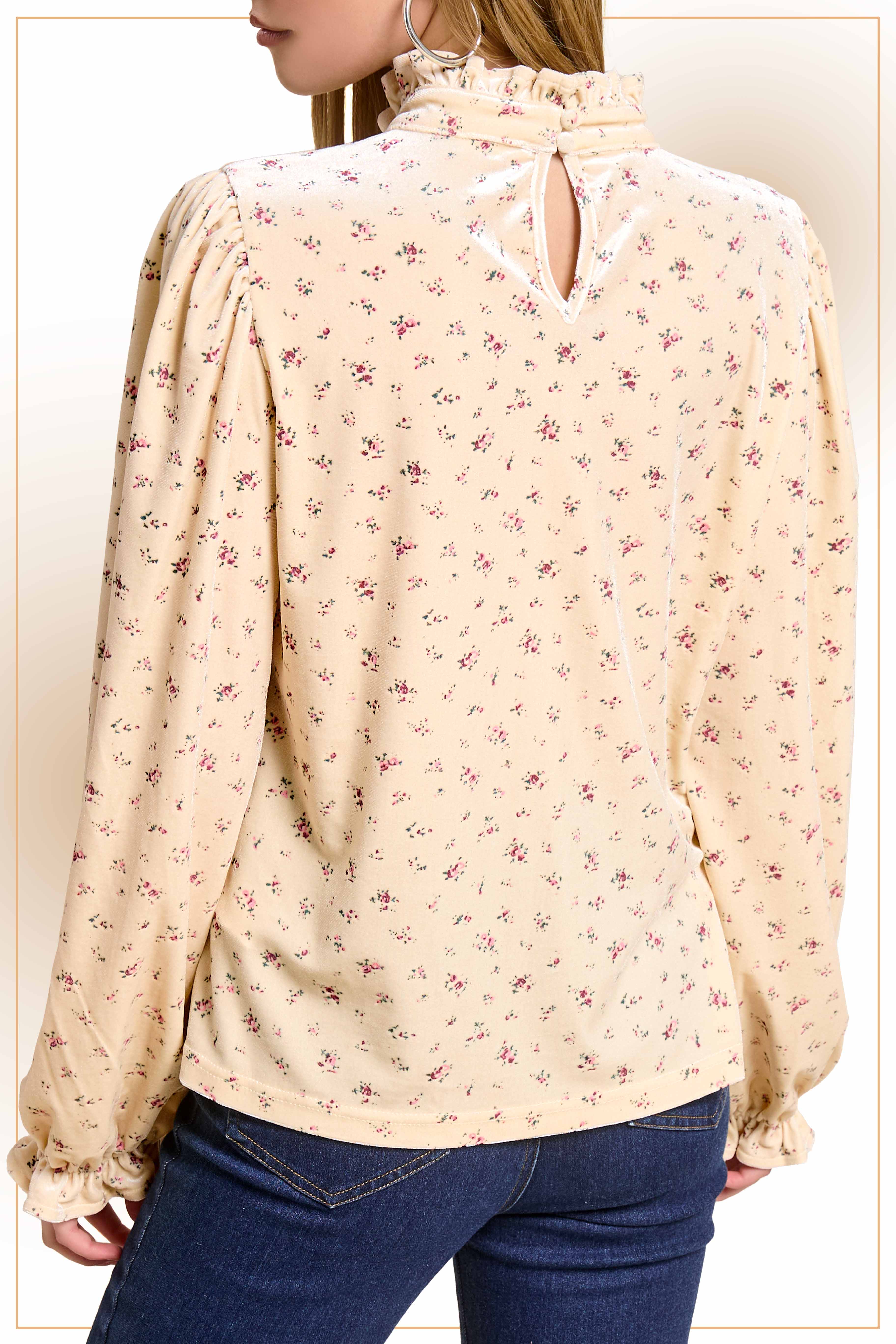 La Miel - Vente Chemisier – femme - HDT7718-Haut à manches longues avec col montant à volants en velours à motif floral10