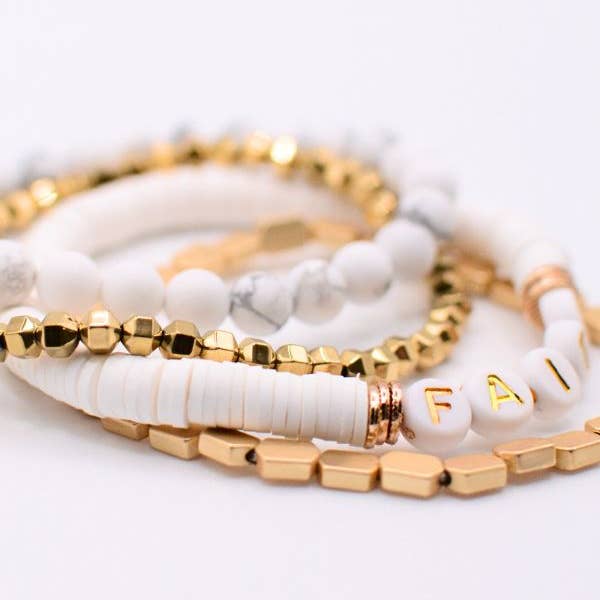 Two and Crew - Wholesale Jewelry Set - Faith Gold Beaded Stretch Bracelet Set Christian Jewelry