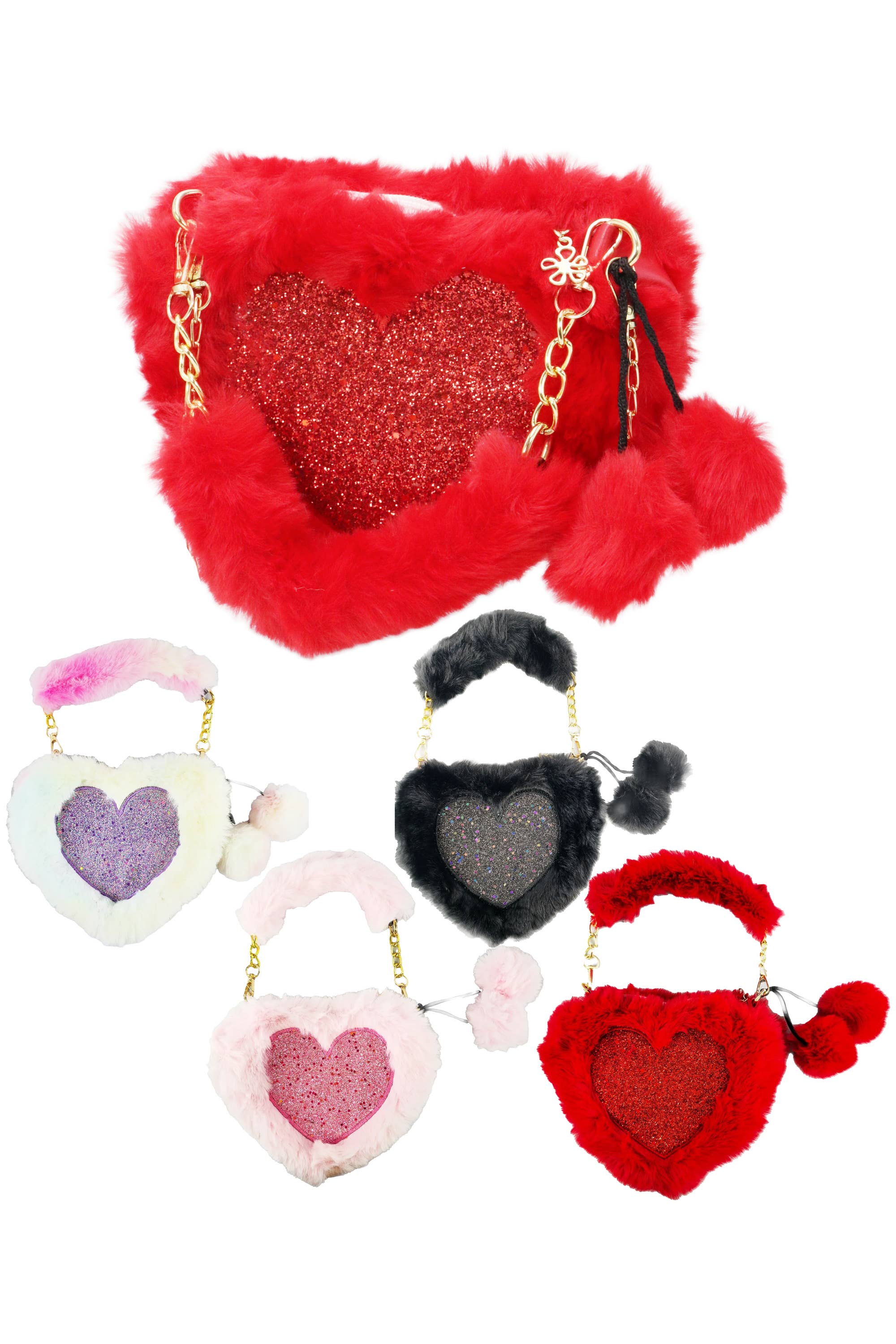 Cap Zone - Wholesale Crossbody Bag - Women's - Heart Glitter Faux Fur Crossbody Shoulder Bag1