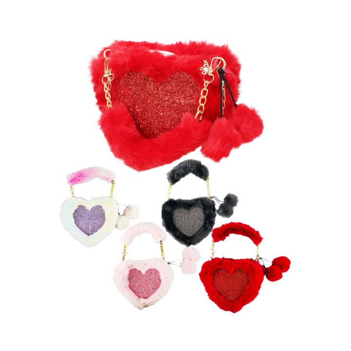 Cap Zone - Wholesale Crossbody Bag - Women's - Heart Glitter Faux Fur Crossbody Shoulder Bag1