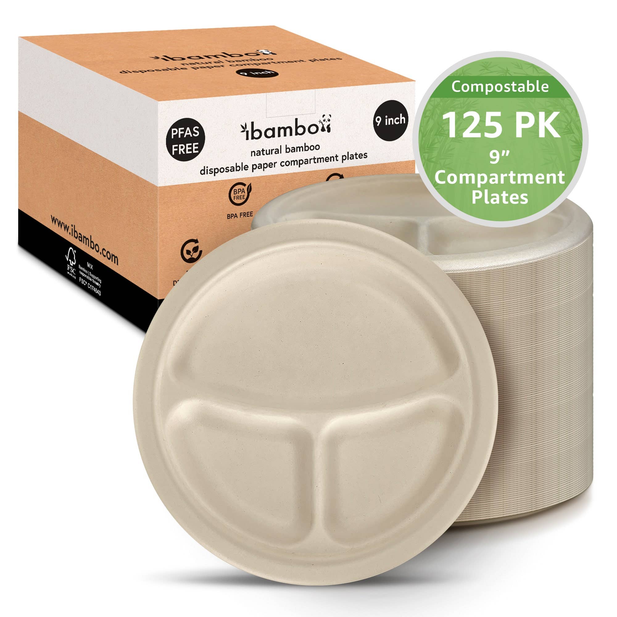 Ibambo – wholesale Disposable plate – Ibambo Bamboo Disposable Compartment Plates - 9" - 125 Pack0