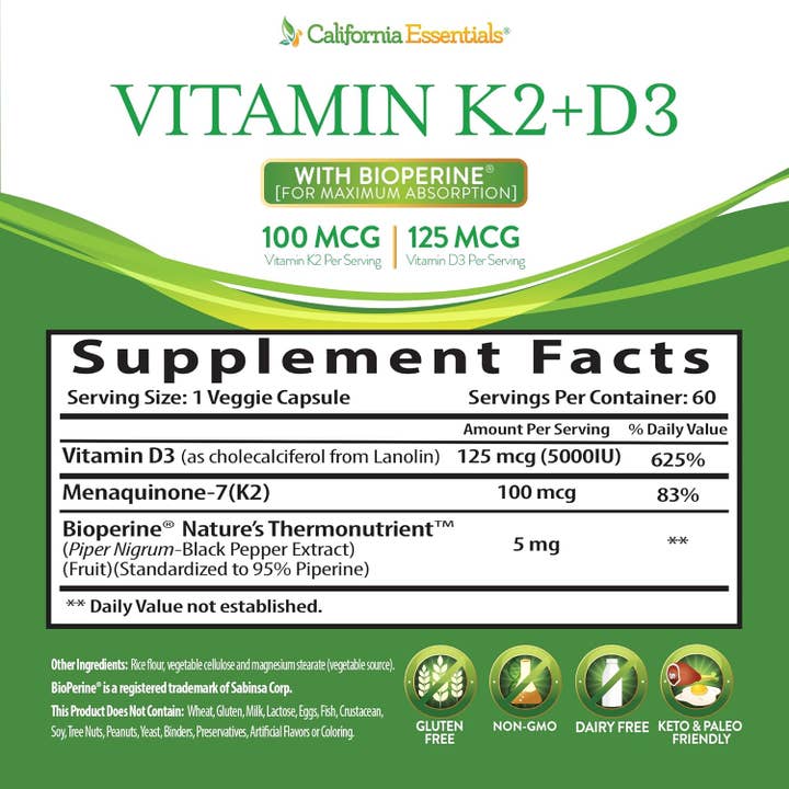 California Essentials - Wholesale Oral supplement/vitamin - Vitamin K2 + D3 with Calcium for Bone & Muscle Health7