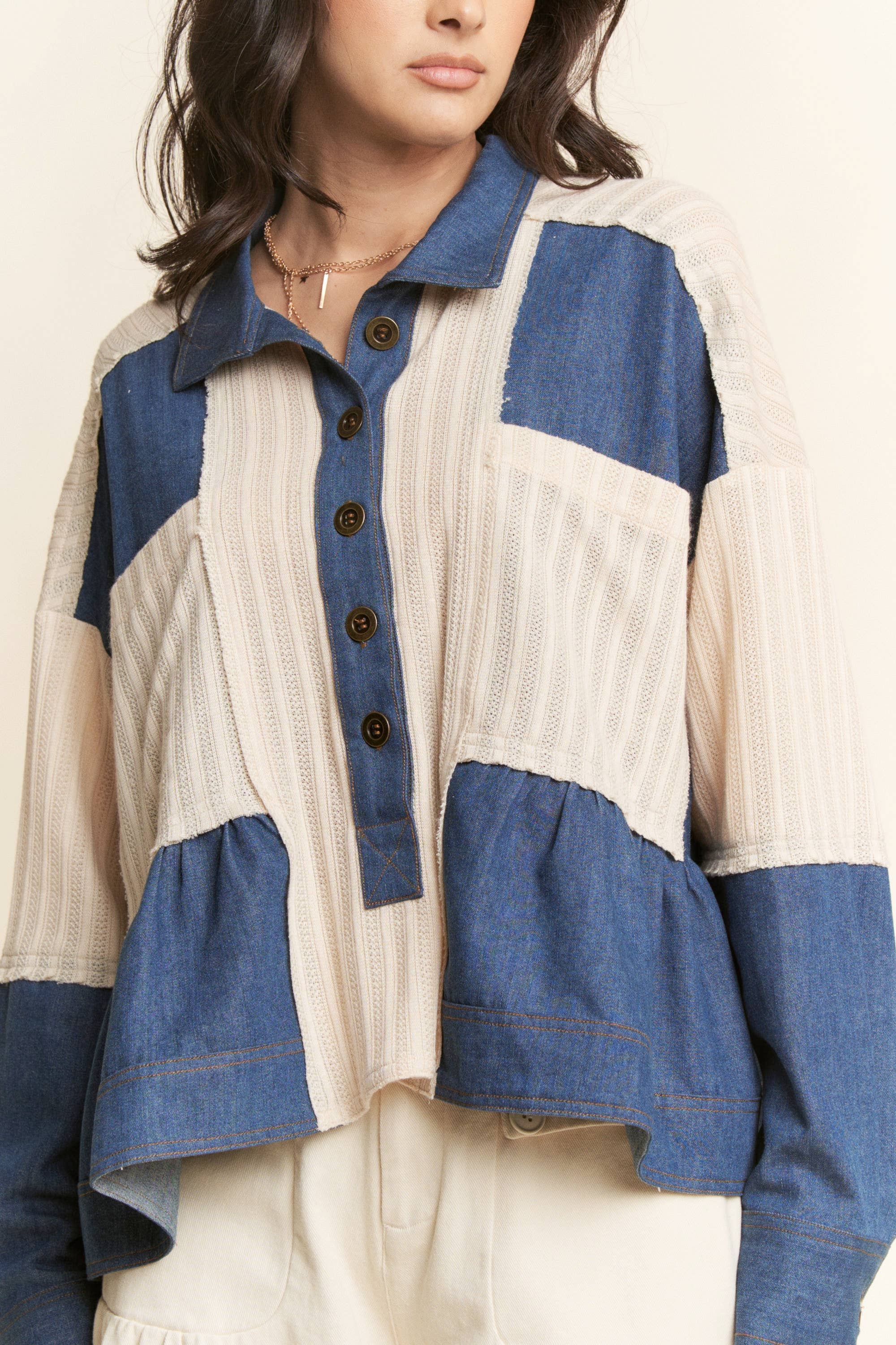 CREME DENIM BLAU CHAMBRAY ÜBERGROßES GEWEBTES OBERTEIL für den Großhandel auf Faire7