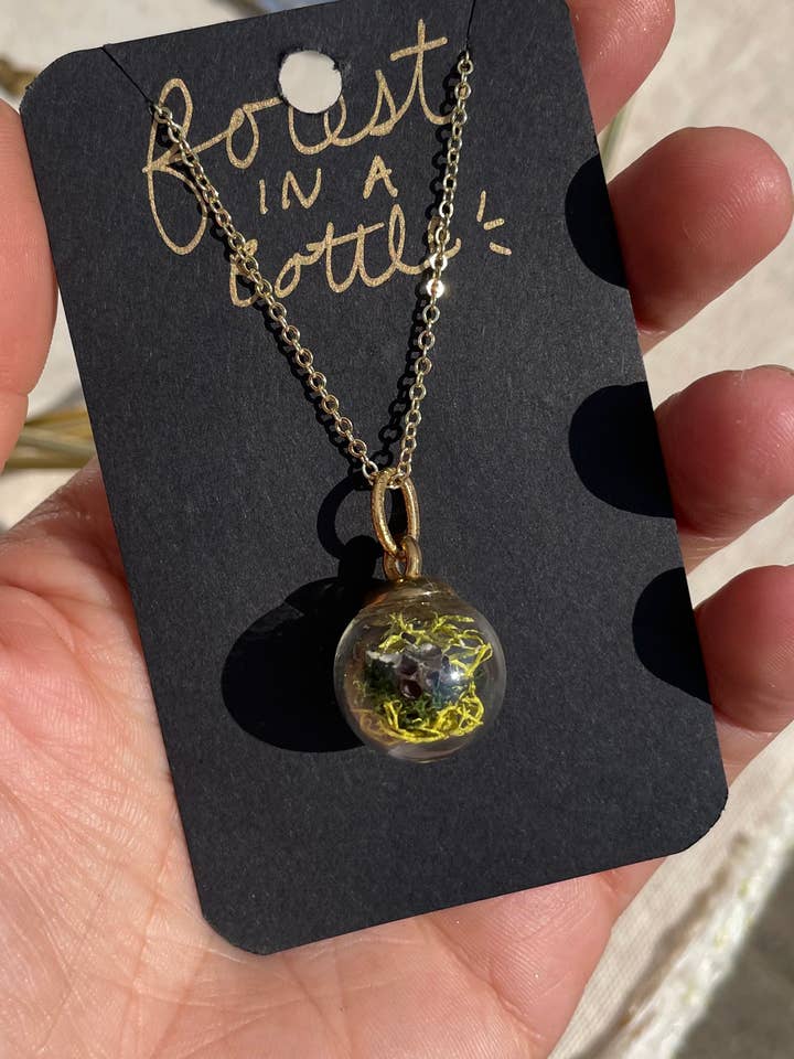 Forest in A Bottle Moss & Lichen Gold Necklacr for wholesale by Lynn Mineral