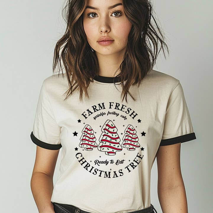 Farm Fresh Christmas Tree Cakes Funny Holiday Ringer Shirt for wholesale by House Of Rodan