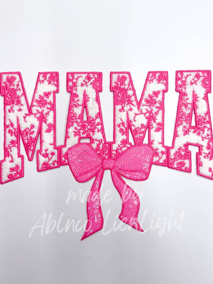 Pink Floral Mama Bow Sequins & Chenille Embroidery Patch for wholesale by ABLNco