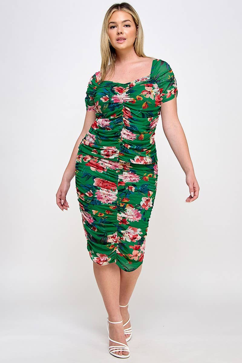 Haute Fox Plus Size & Contemporary - Wholesale Blouse - Women's - Plus Size Mesh Floral Print Ruched Top - WG18420-T13