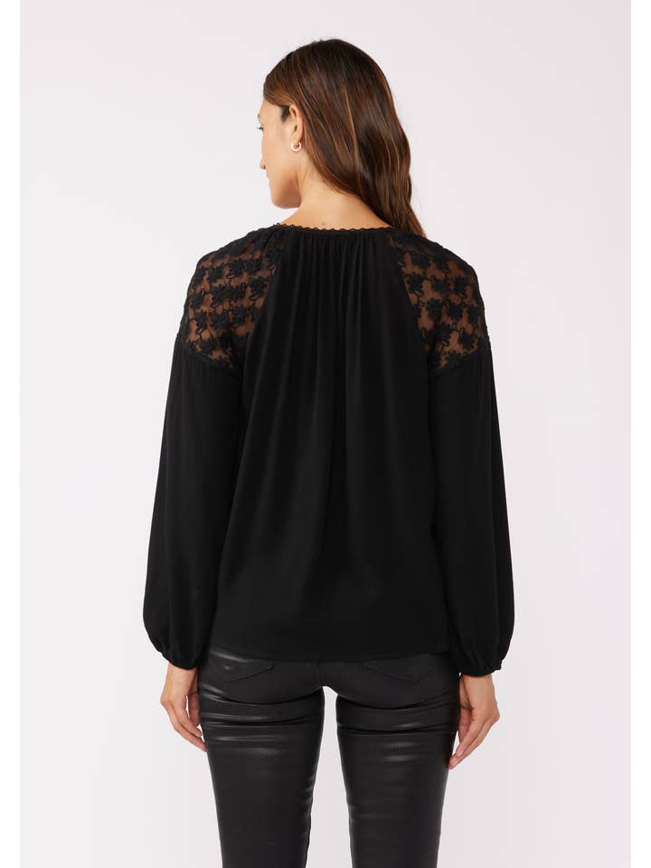 Lovestitch - Wholesale Blouse - Women's - Embroidered Mesh Long Sleeve Tie Neck Blouse