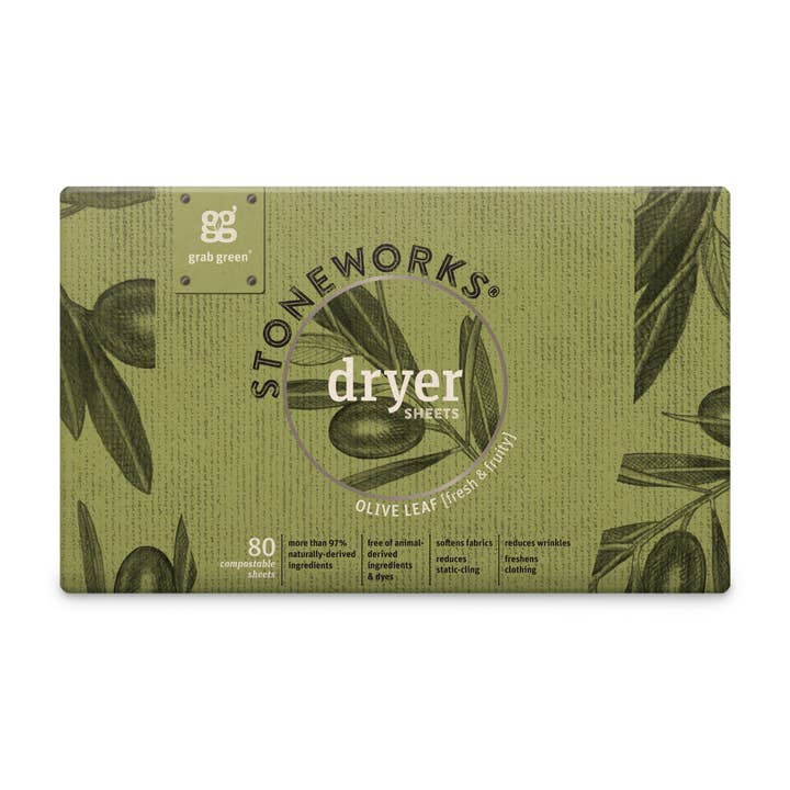 Grab Green - Wholesale Dryer Balls - Stoneworks Compostable Dryer Sheets, Olive Leaf, 80 sheets