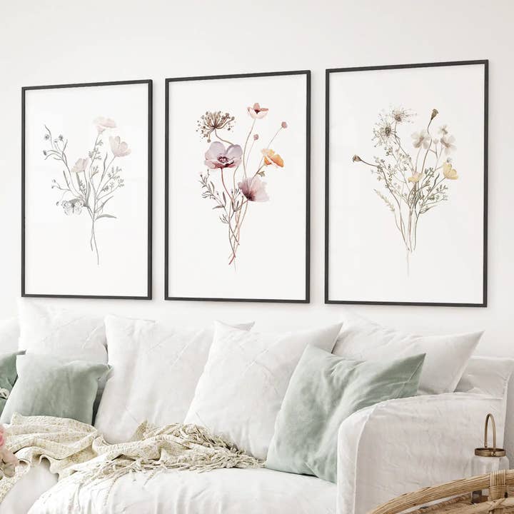 PrintSets.com - Wholesale Gallery Wall Set - Watercolor Wildflower Set of 3 Prints. Botanical Floral Art for Cottage Spaces3
