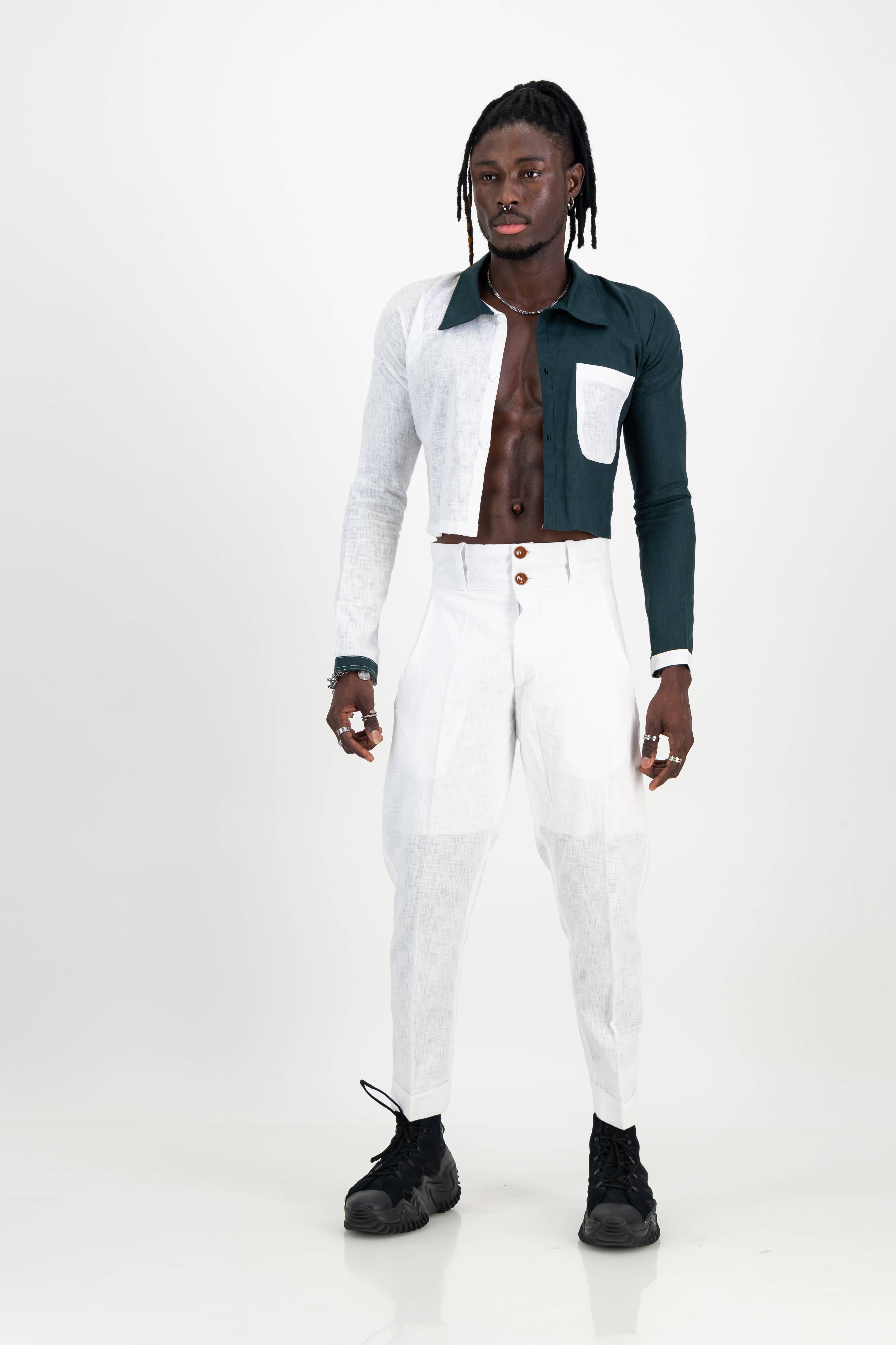 White and Green Unisex Linen Crop Top for wholesale on Faire9