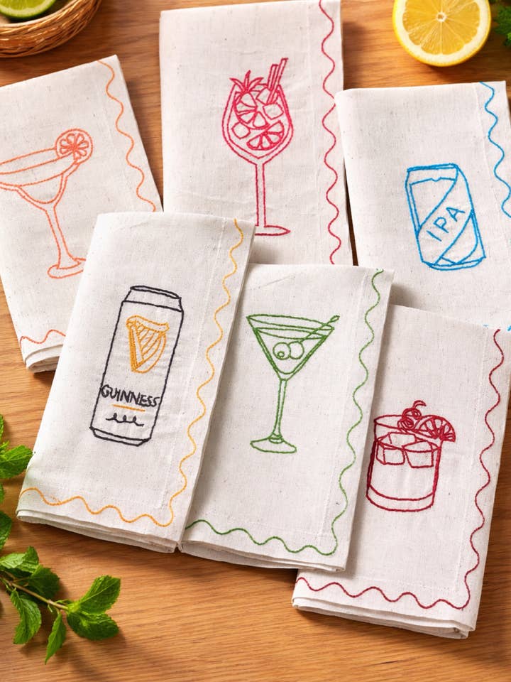 Embroidered Favourite Tipple Napkins (Set of 6) for wholesale by See+QUIN Ltd