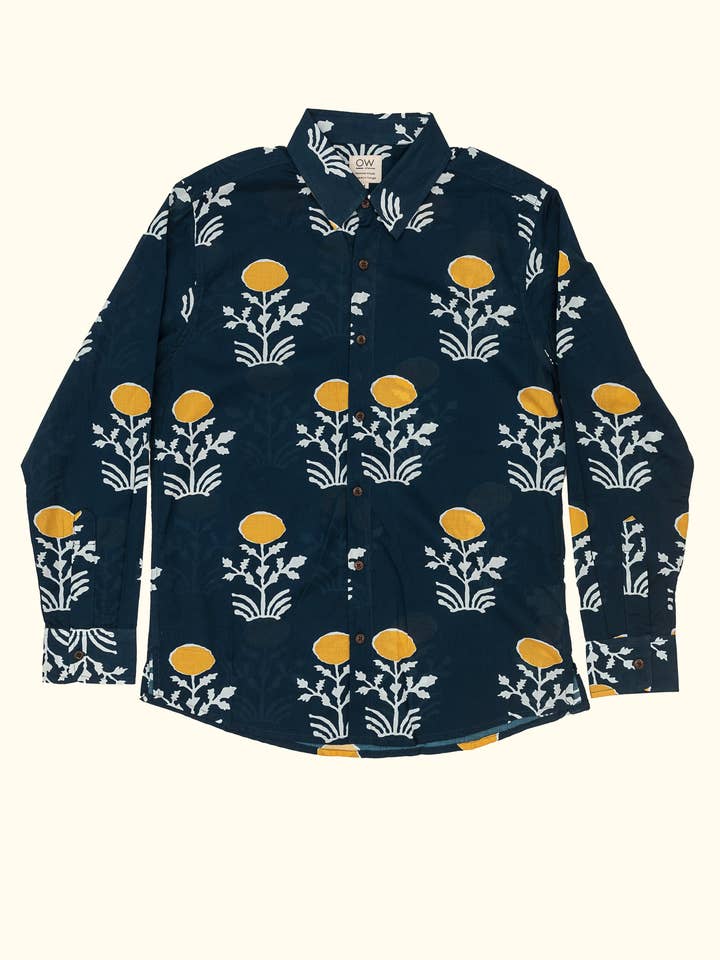 kavi hand-printed long sleeve shirt in blue for wholesale by Otherwise