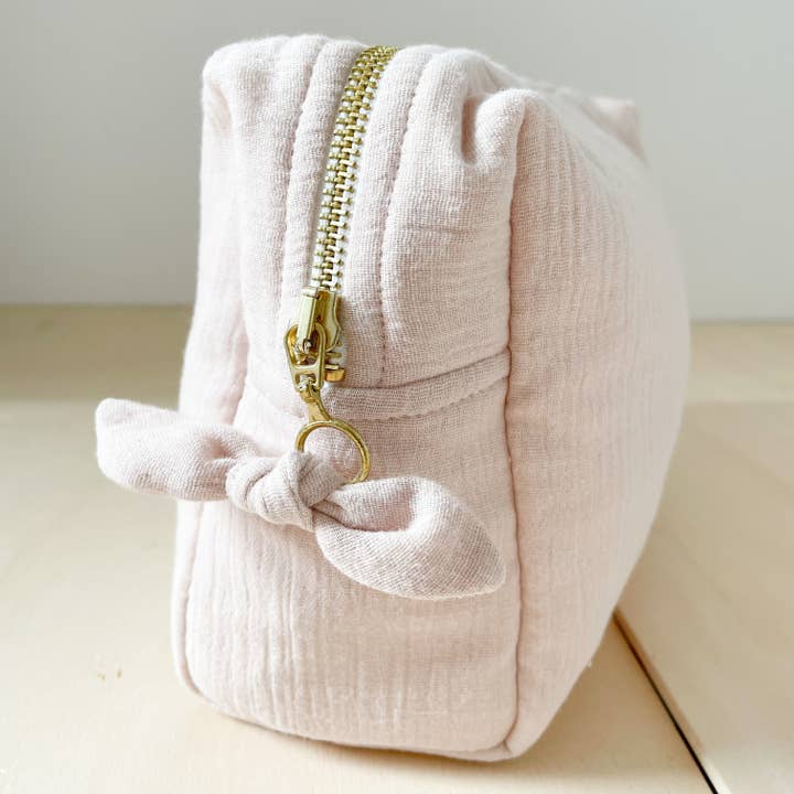 Powder pink double gauze toiletry bag for wholesale by Les Juliettes Paris