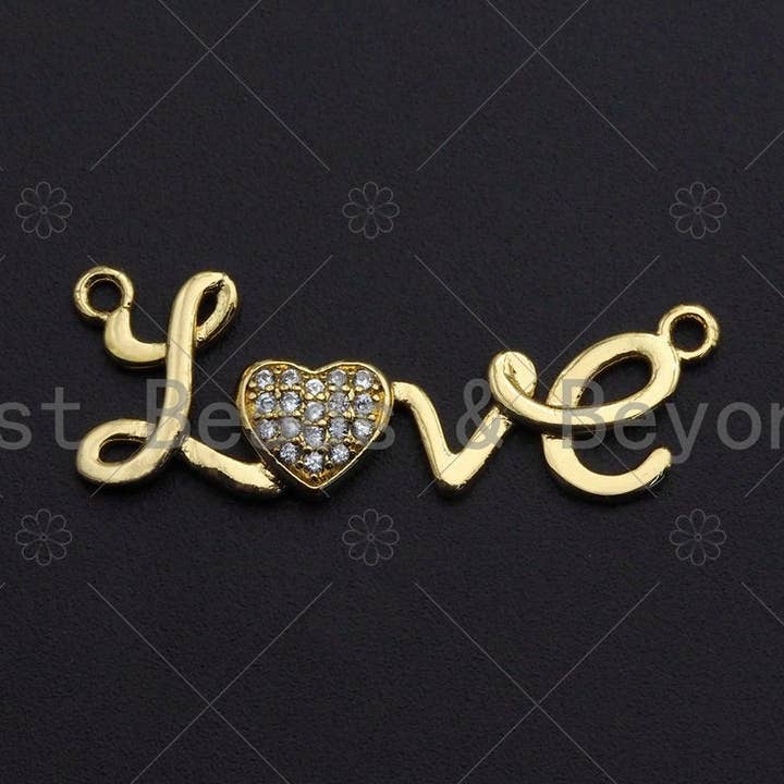 Conector de corazón Love With CZ Micro Pave de oro de 18 quilates, colgante de collar de amor, conector de pulsera de corazón de amor, 12 x 33 mm, sku #LK14 para venta al por mayor de BestBeads&Beyond