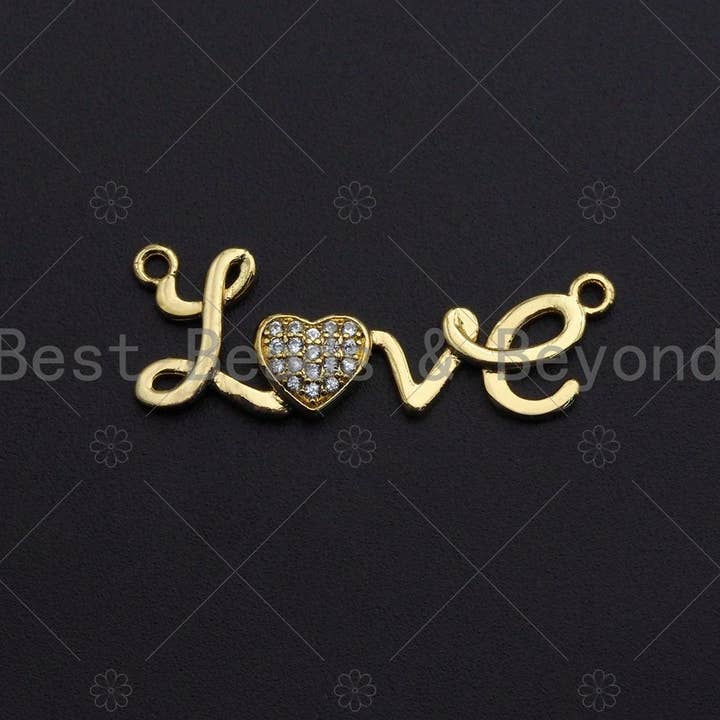 18K Gold LOVE With CZ Micro Pave Heart Connector, Love Necklace pendant, Love heart bracelet Connector, 12x33mm, sku#LK14 for wholesale by BestBeads&Beyond