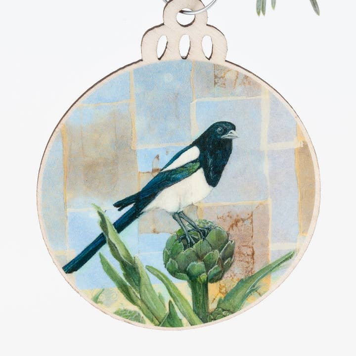 Black Billed Magpie Ornament | Christmas Ornament | Bird Ornament | Wooden Ornament | Bird Art | Bird Painting | Gift for Her | Tea Bag Art for wholesale by Orphan Girl Fine Art