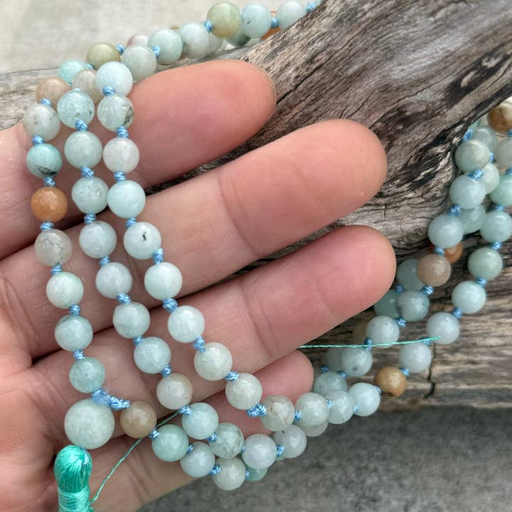 Lungta Imports - Wholesale Prayer Beads Necklace - Natural Amazonite Hand Knotted Mala, Rosary 108 Beads