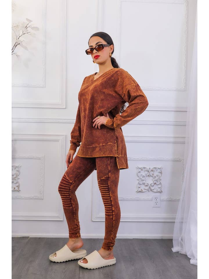 SurelyMine - Wholesale Top & Pant Set (NOT Loungewear) - Women's - Mineral Wash Long Sleeves Top and Motto Legging Set