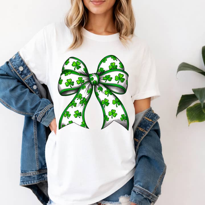 Coquette Bow St Patricks Day Tee for wholesale by Londas Tees and Tumblers