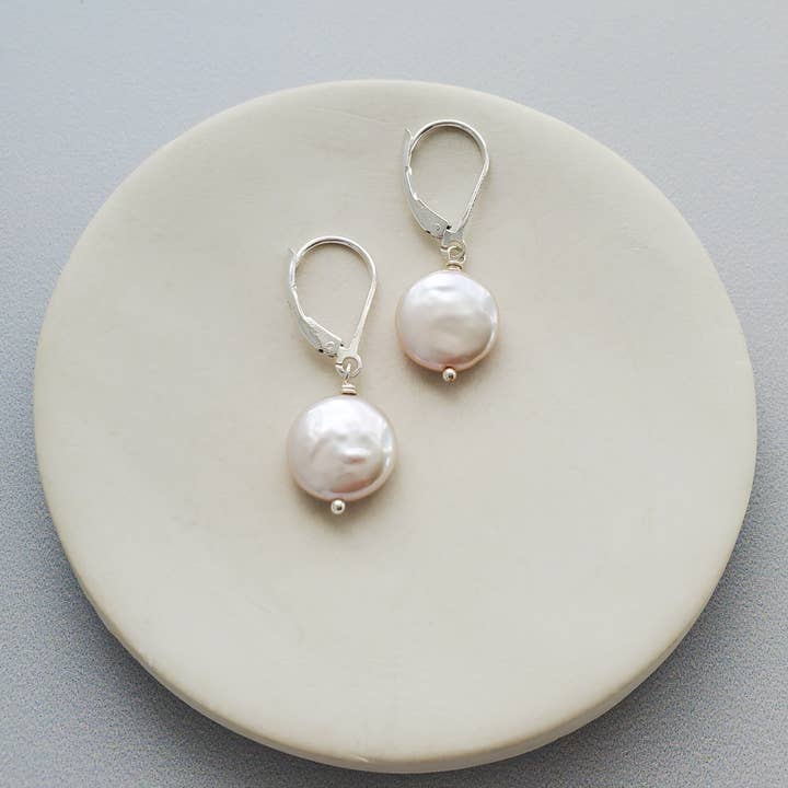 White Coin Pearl Earrings, 14kt Gold Fill, Sterling Silver for wholesale by Carrie Whelan Designs