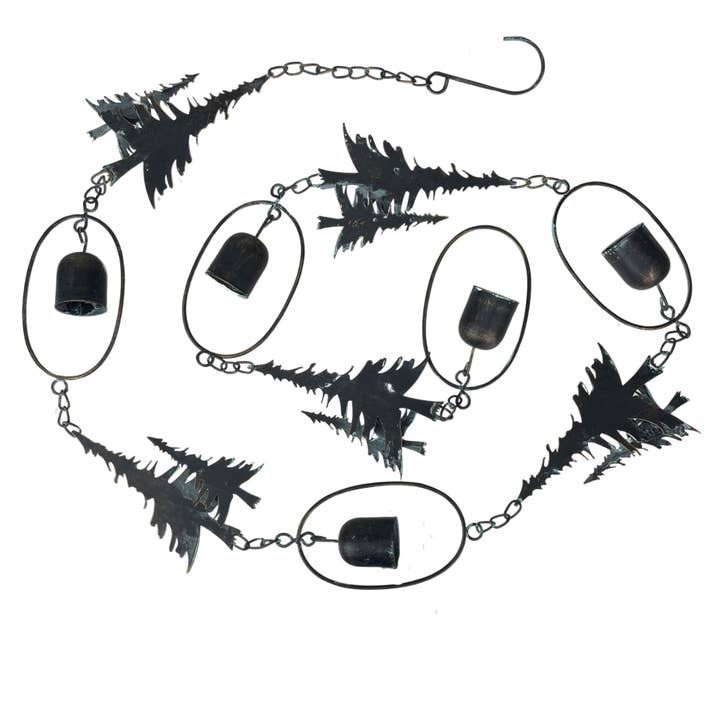 Zeckos - Wholesale Outdoor Ornament/Decor - 70-Inch Metal Rain Chain with 5 Forest Tree Silhouettes & Zen Bells, 3.25-Inch Diameter, Decorative and Functional Downspout Alternative1
