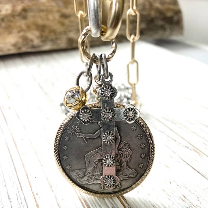 Coin necklace mixed metal jewelry vintage boutique jewelry for wholesale by VB&CO Designs Handmade Jewelry