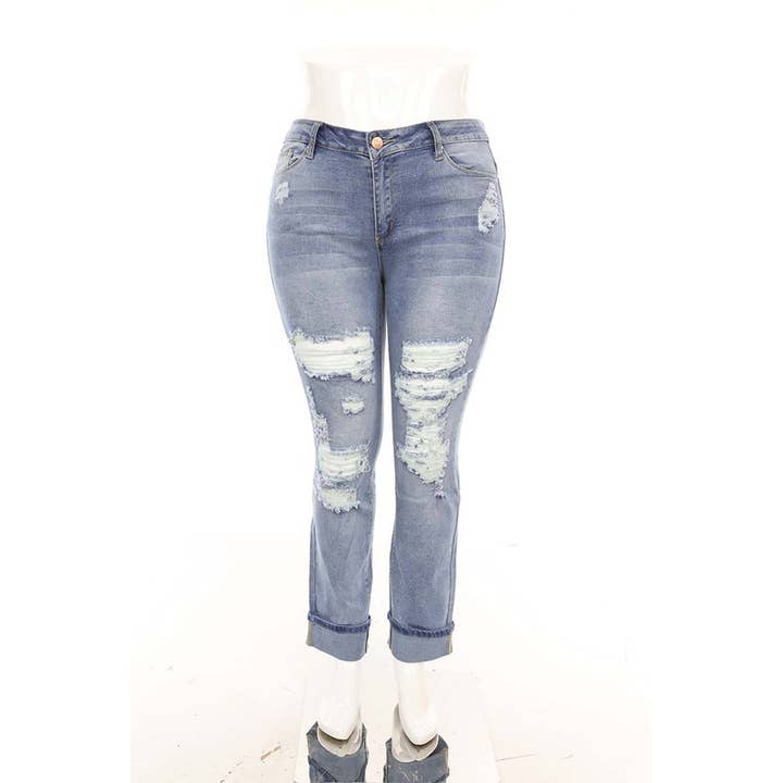 Plus Size Distressed Denim Women Jeans Stretch for wholesale by SEXY STAR DESIGN INC
