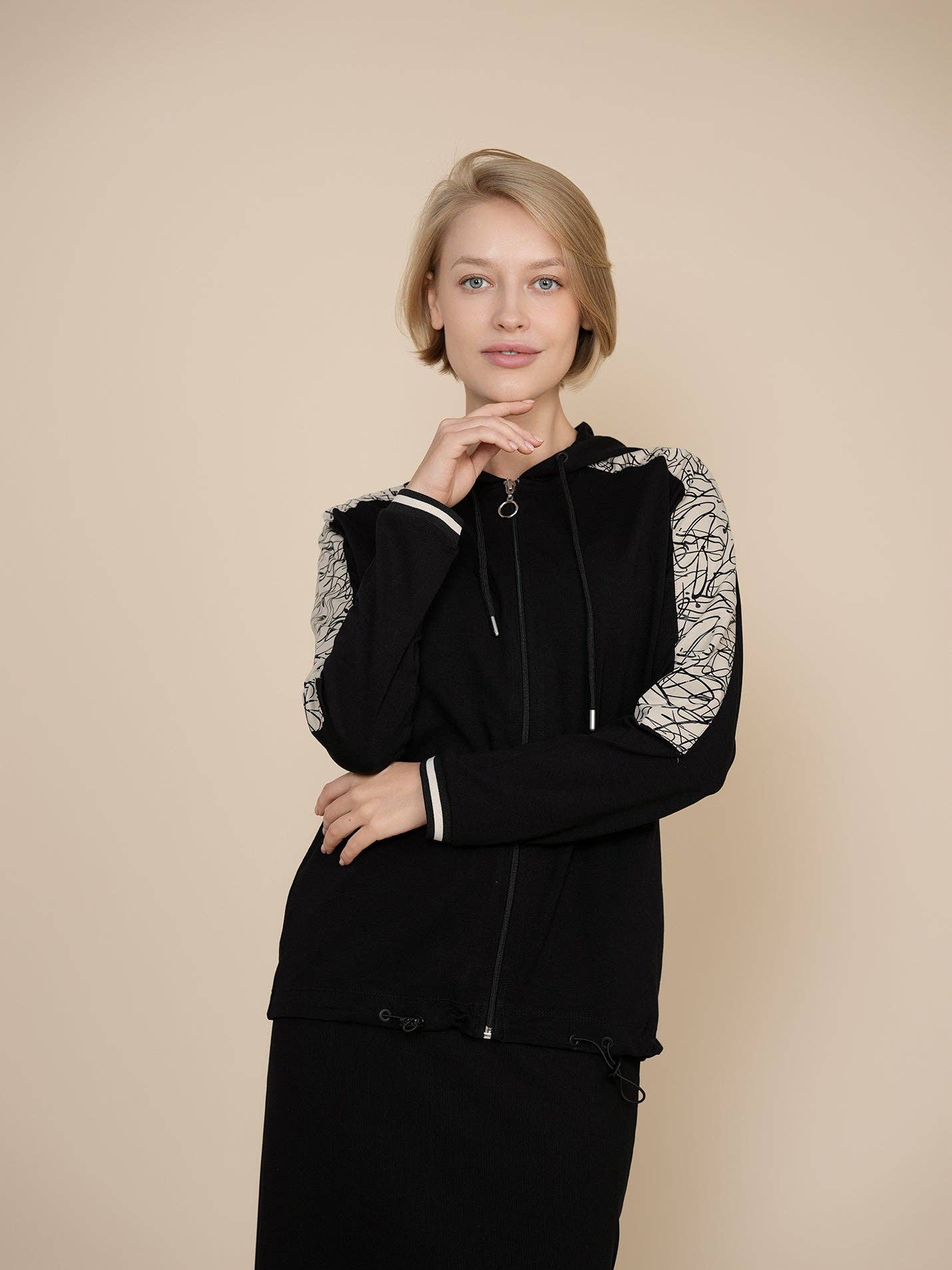 Ellwi Design - Wholesale Top & Skirt Set - Women's - Zipper Sweater & A-line Skirt - Black1