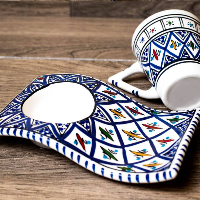 Ecozyna – Chávena de chá por atacado – Xícara de cerâmica para café/chá com pires ondulado azul4