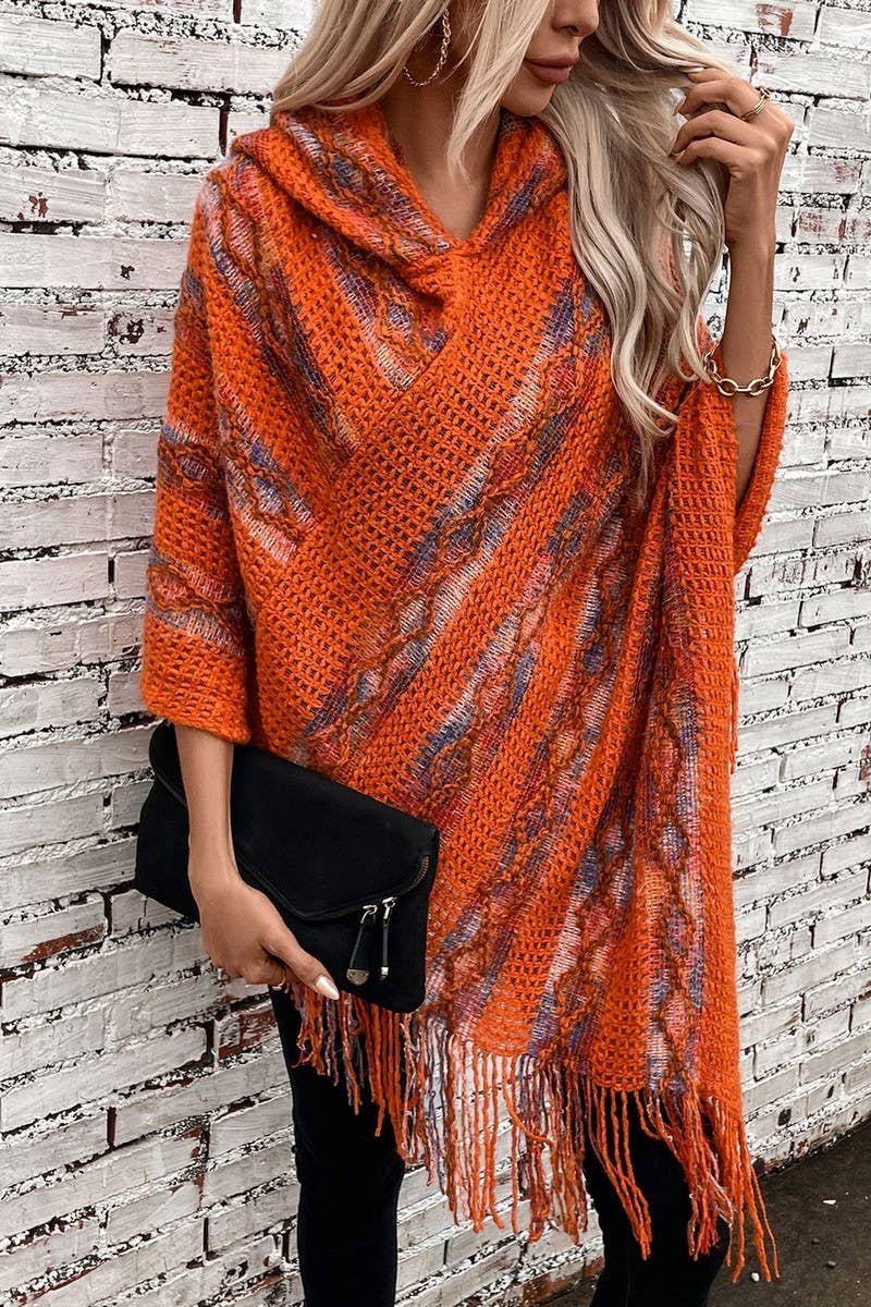 NINEXIS - Wholesale Knit Sweater - Women's - CWOSWS0091_STRIPED HOODED KNITTED FRINGED CAPE SHAWL0