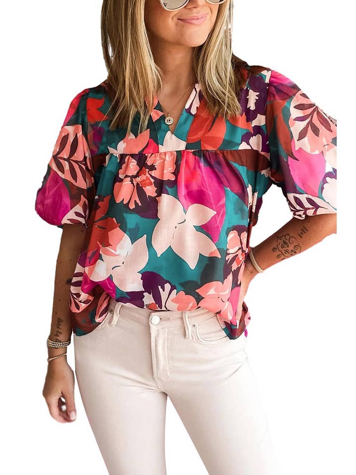 Rose Red Floral Print V Neck Lantern Sleeve Blouse for wholesale on Faire5