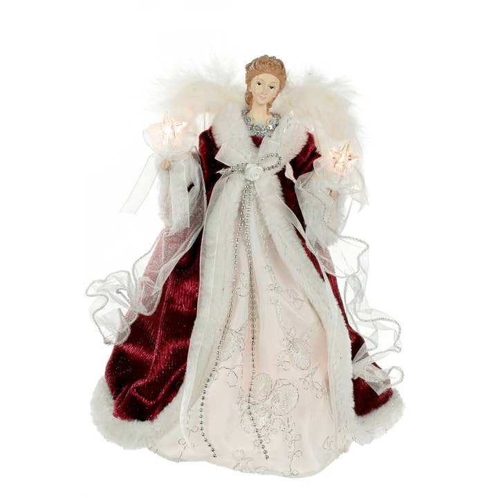 Starlight Collection - Wholesale Tree Topper - Red/White 10-Light Modern Angel Tree topper w/ Fluffy Wings