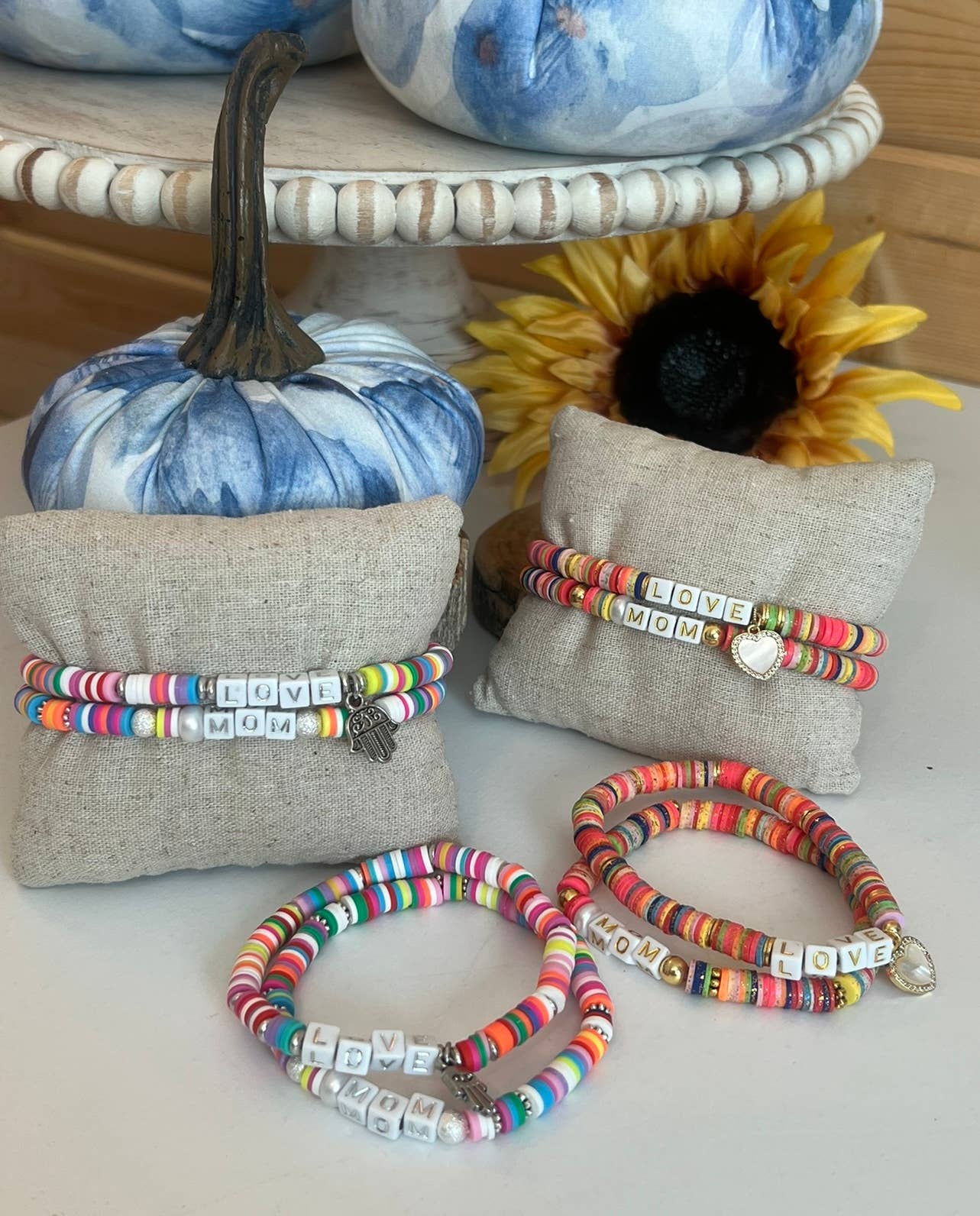 Leanne Bruce Co. - Wholesale Jewelry Set - Bracelet Duo MOM LOVE Handmade Stretchy Polymer Clay Disks